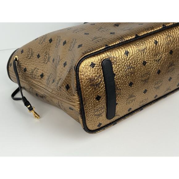 MCM Metallic Visetos Medium Shopper Tote Bag Gold Leather - Picture 10 of 16